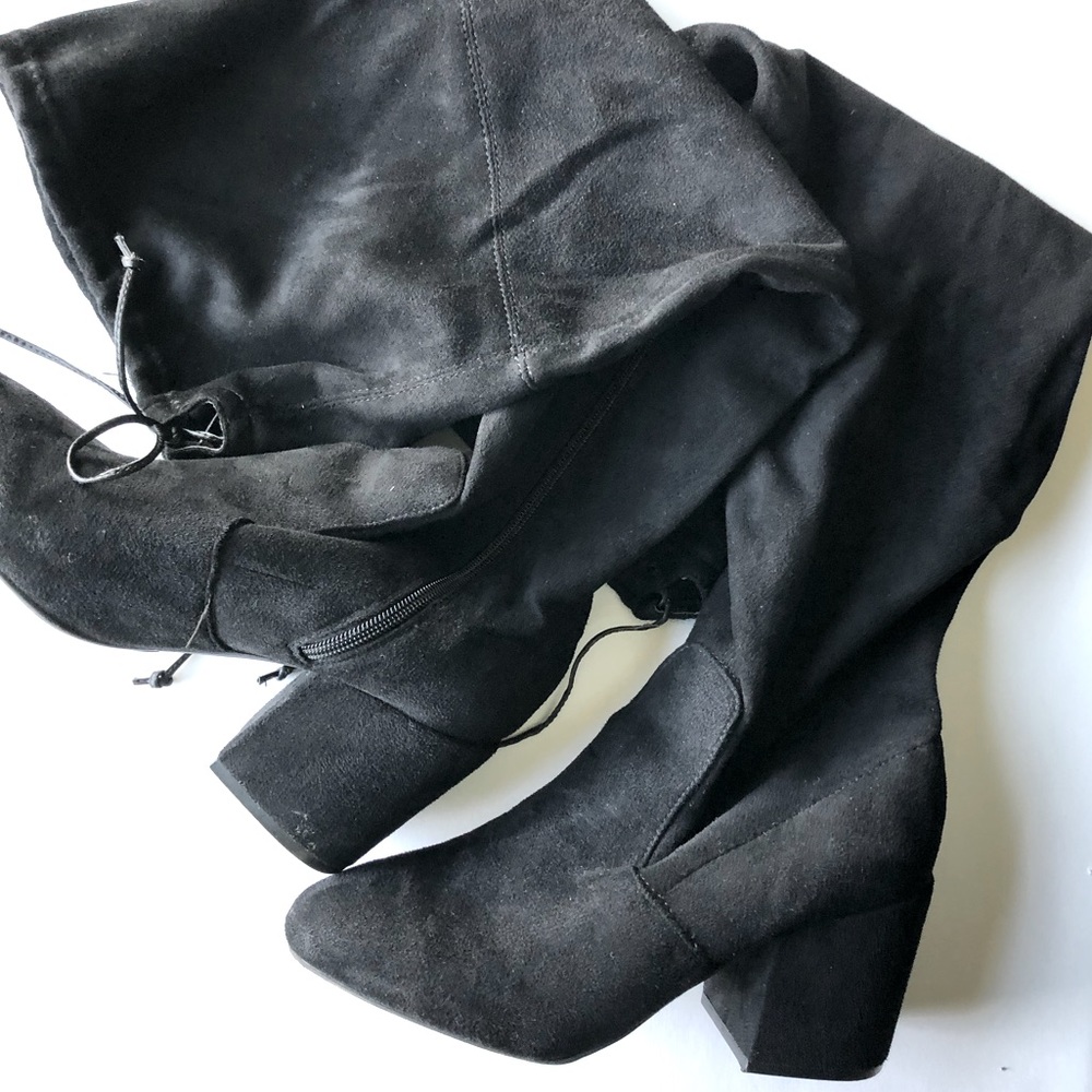 Faux Black Suede Thigh-High Boots